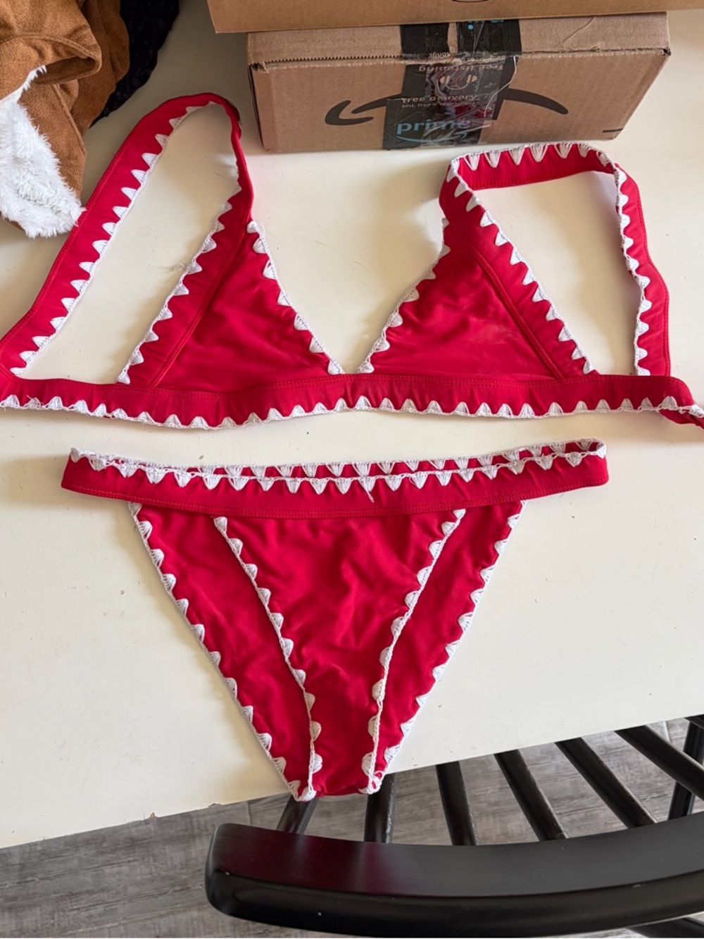 Lovers + Friends Red Triangle Bikini with White Trim